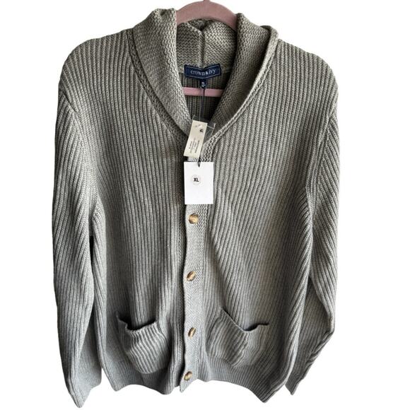 Crown & Ivy men’s gray chunky knit button front cardigan sweater XL NWT - Picture 1 of 4